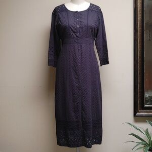 WRAP London Navy Eyelet Cotton Dress Empire Waist Long Sleeve Button Dow…